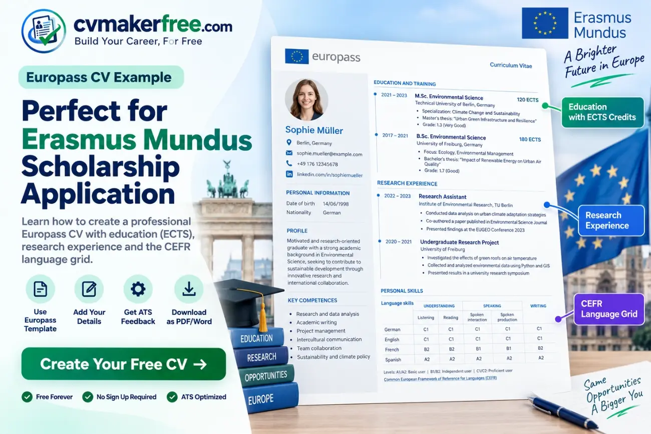Europass CV for Erasmus Mundus scholarship application, showing education with ECTS credits, research experience and the CEFR language grid