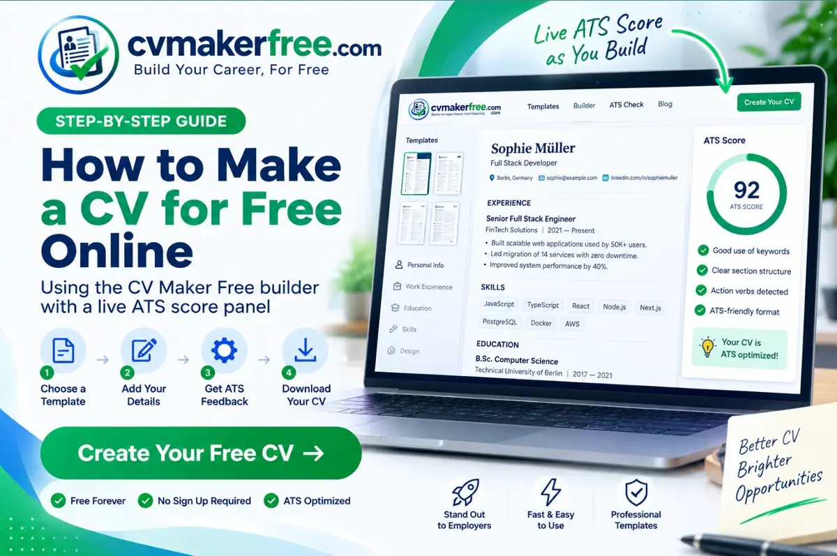 Step-by-step guide showing how to make a CV for free online using the CV Maker Free builder with a live ATS score panel
